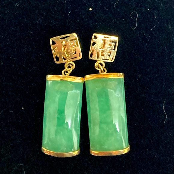 Jewelry - 14KT Yellow Gold Lucky Fortune Green Jade Earrings